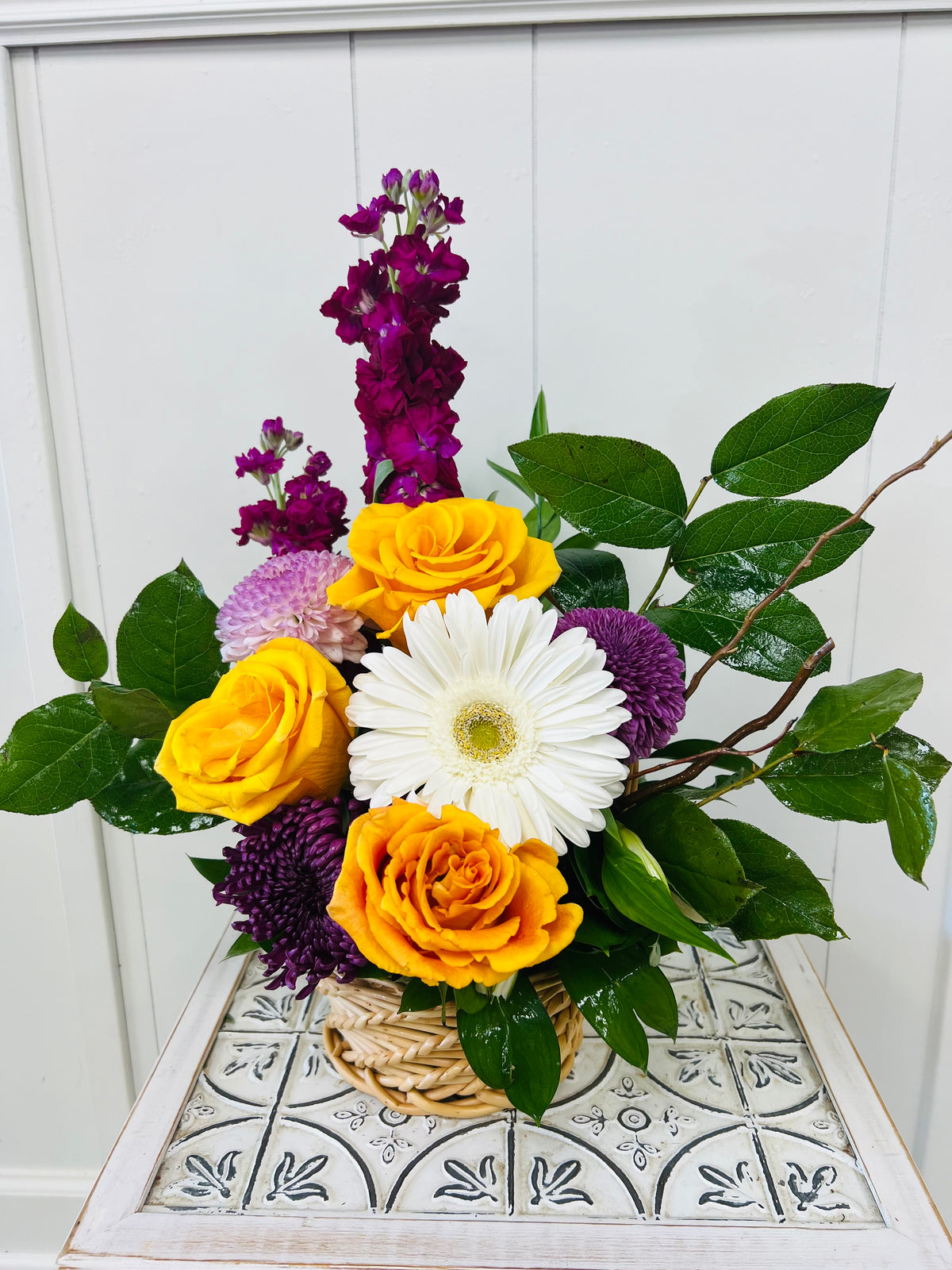 Main Street bouquet wrapped in kraft paper